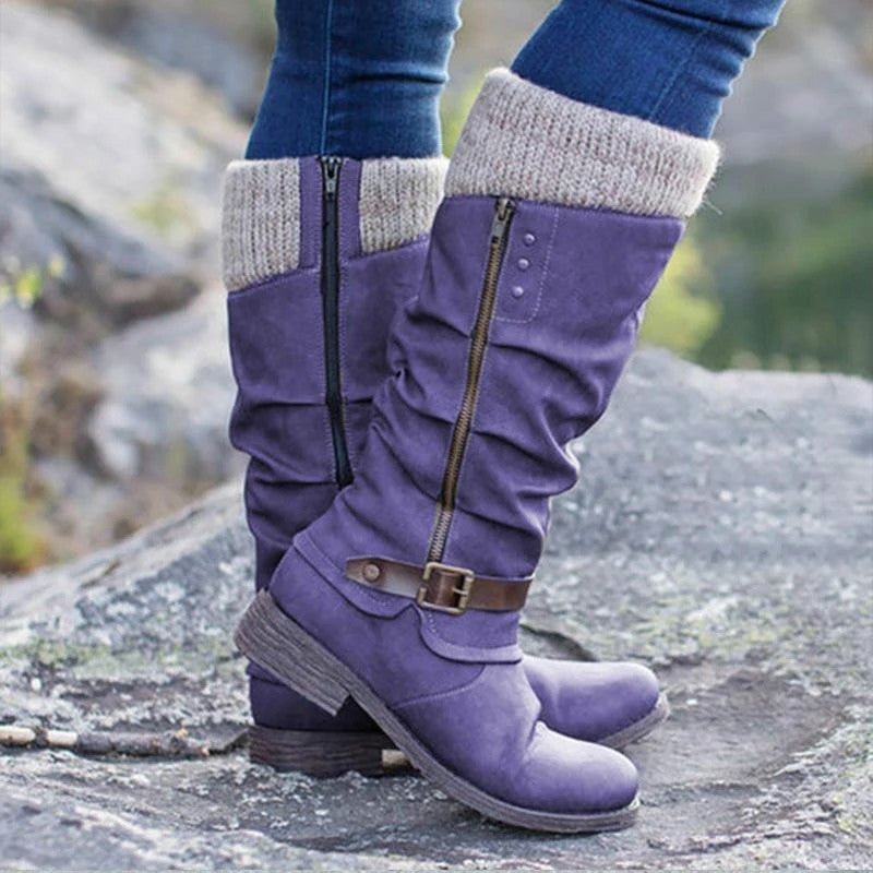 Thick heel side zipper yarn splicing women's boots