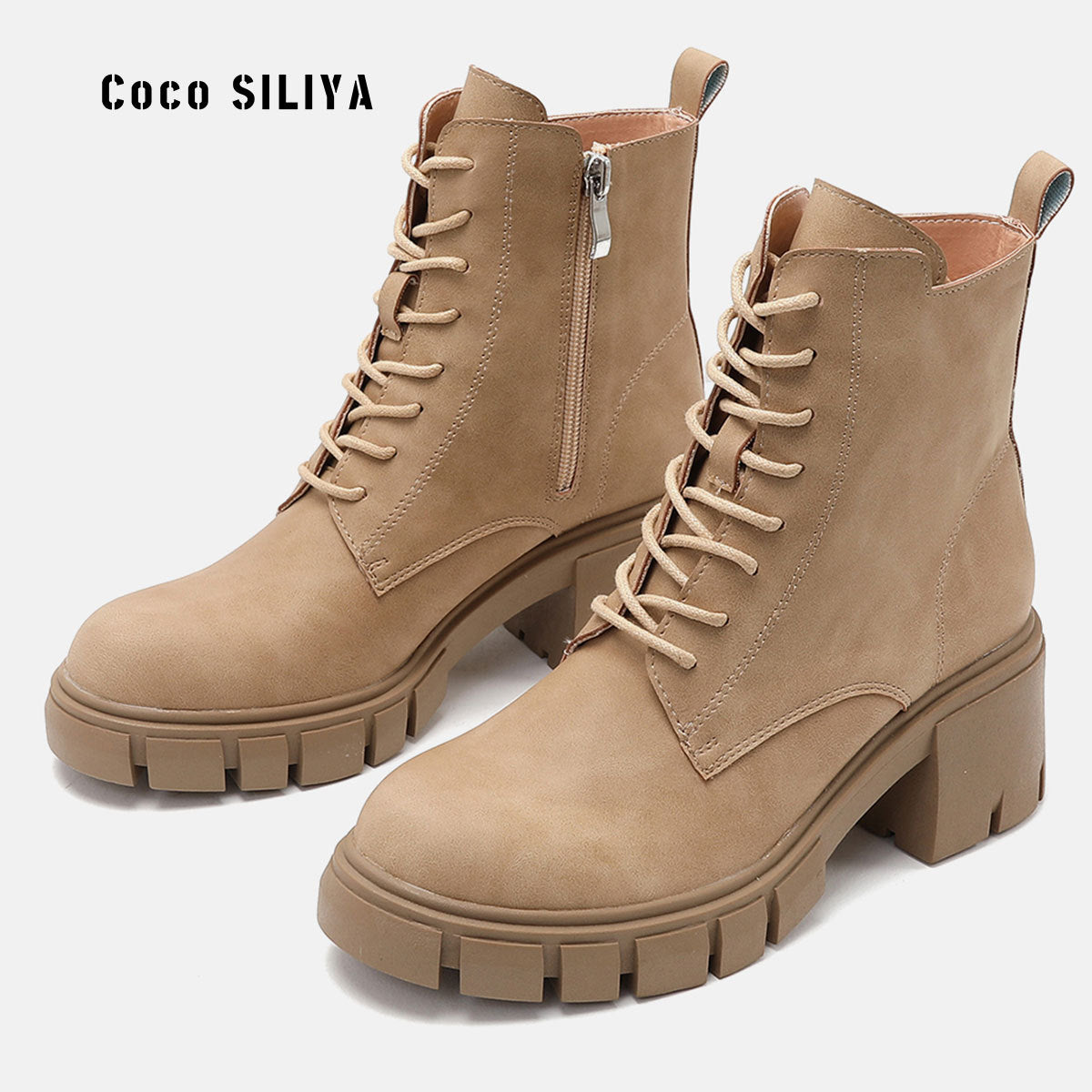 Short Boots Autumn And Winter New Style Thick High Heel Round Head Strap Martin Boots Soft Leather Large Boots