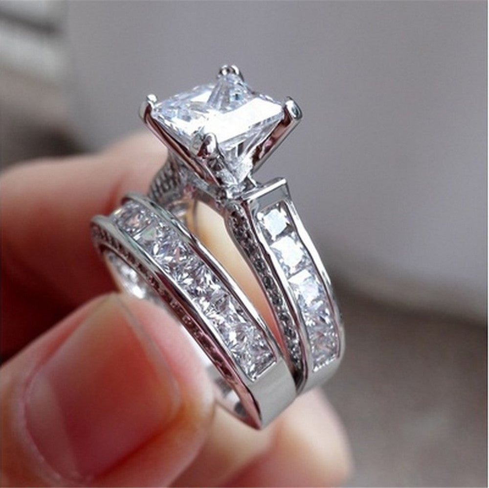 Silver Color Princess Cut CZ Anniversary Promise Wedding Engagement Ring Sets - Hillery's Products & Services