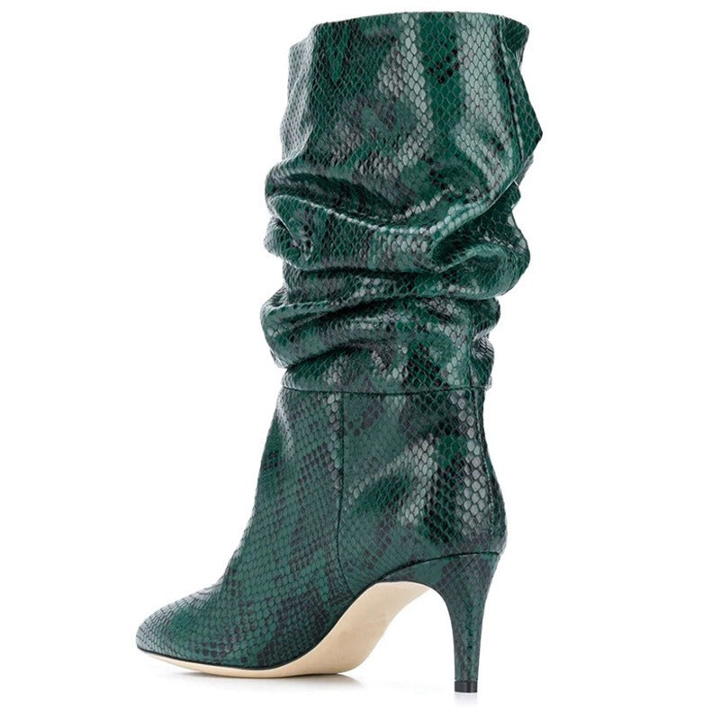 Women Fold Over Boots Pointed Toe Handmade Female Fashion Mid-Calf Boots Snake Microfiber High Boots Party Shoes