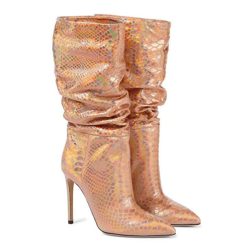 Pointed Toe Stiletto High Heel Sleeve Pleated Colorful Fashion Catwalk Plus Size Boots Women's Boots
