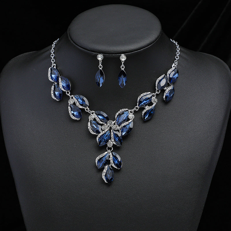 Jewelry Necklace Earring Set Female Electroplating Alloy New Exaggerated Fashion Artificial Gem Bride Jewelry