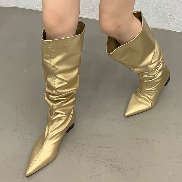 Footwear Knee High Boots Low Heel Shoes For Ladies Pointed Toe Female Fashion Pleated Women Long Western Boots Golden Shoes