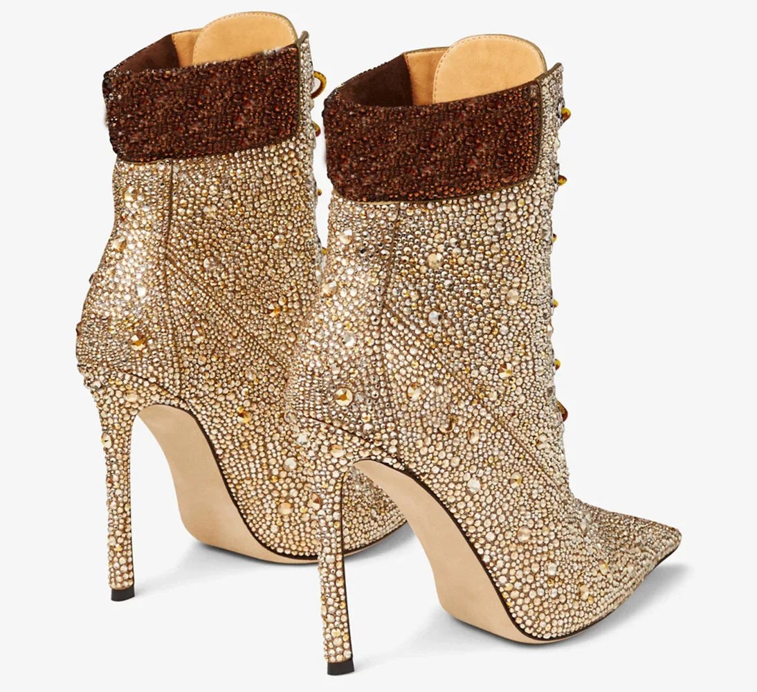 Water Diamond Mixed Color Cross Strap Short Boots Sexy Spicy Girl Crazy Racing Party Ankle Boots Fashion Women's Shoes35-41