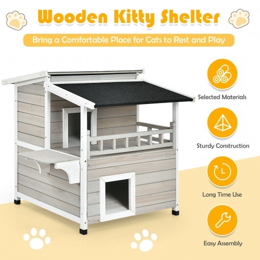 2-Story Wooden Patio Luxurious Cat Shelter House Condo with Large Balcony - Hillery's Products & Services
