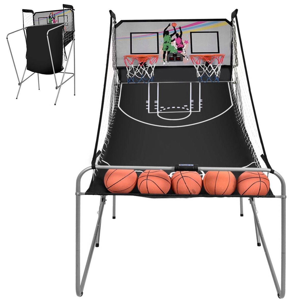 Foldable Double Electronic Basketball Game with 4 Balls Indoor-Gray