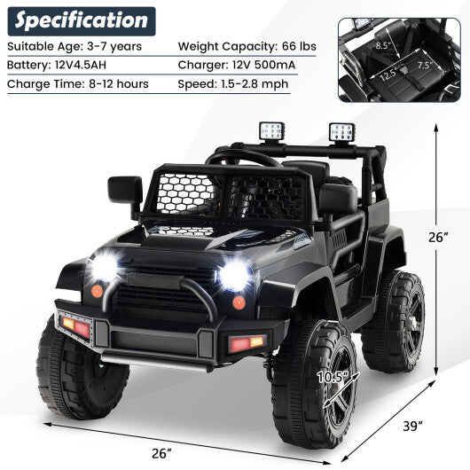 12V Kids Ride On Truck with Remote Control and Headlights-Black - Hillery's Products & Services