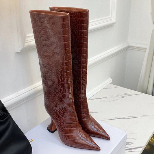 Snake pattern side zipper pointed high heeled wine glass heel knee high boots short boots women's boots