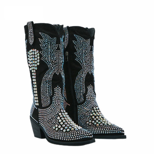 Fall Winter Women Crystal Embellished Cowboy Boots Faux Leather Mid-calf Boots Pointy Toe Western Cowgirl Boots
