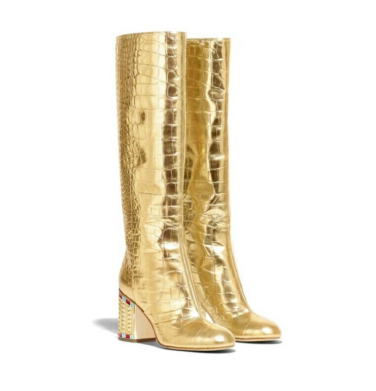 Womens Pointy Toe Crocodile Pattern Golden Bling Rhinstones