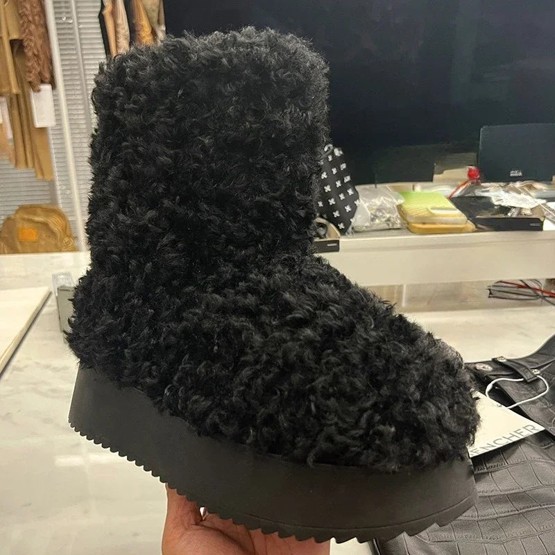 Leather Fur Integrated Thick Sole Plush Short Tube Snow Boots for Women's Winter Plush Teddy Curly Fur Medium Tube Cotton Boots