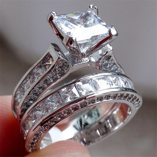 Silver Color Princess Cut CZ Anniversary Promise Wedding Engagement Ring Sets - Hillery's Products & Services