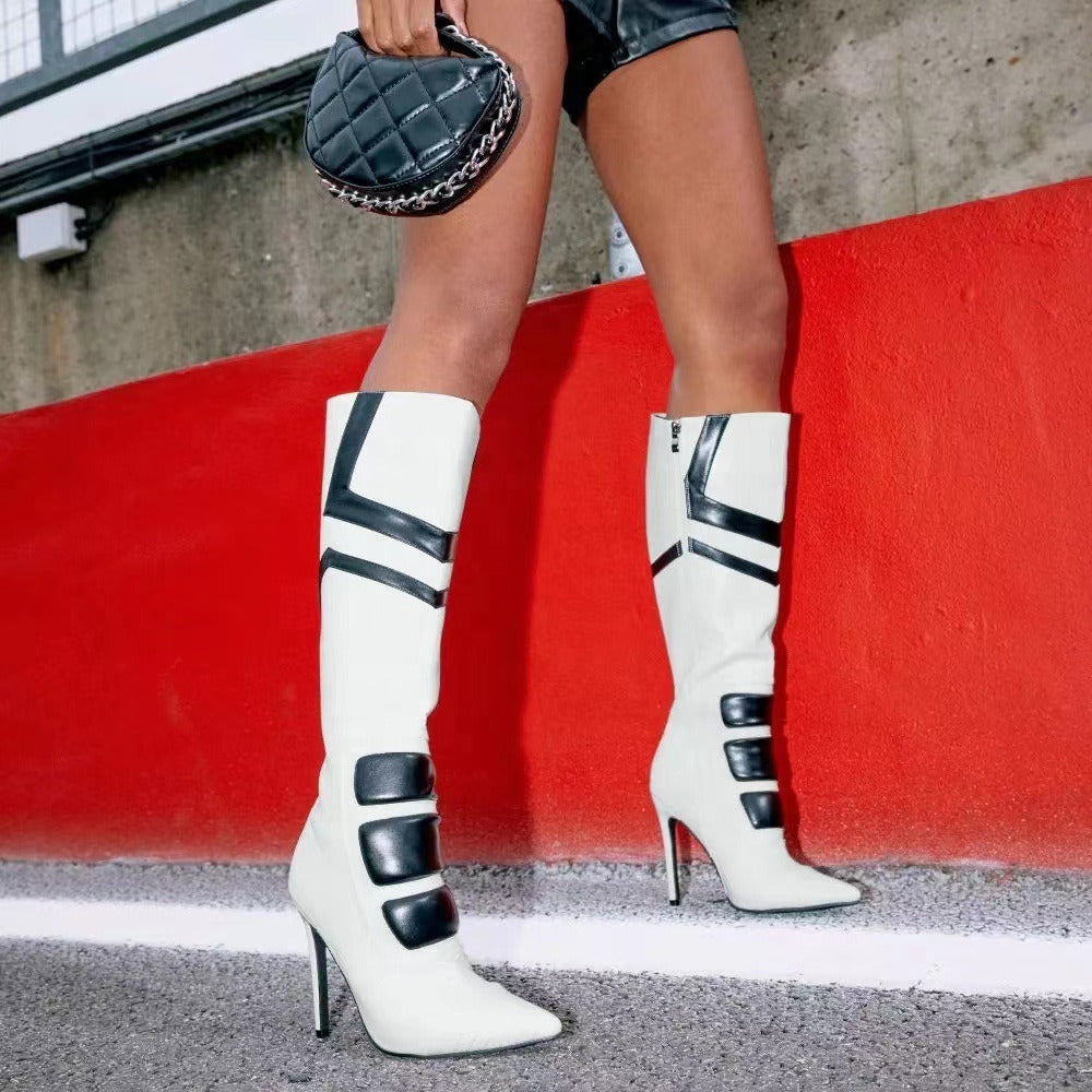 Black and white color scheme, simple and fashionable long boots for women's shoes