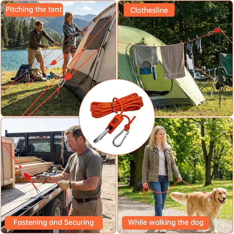 4M 6Pcs Reflective Tent Rope Set – Camping Guy Lines with Tension Buckles, Ratchet Hangers & Awning Tie-Downs, Outdoor