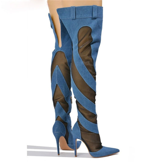 Fashion Denim Mesh Patchwork Thigh High Boots Women Autumn Pointed Toe Overknee Boots Sexy Ladies