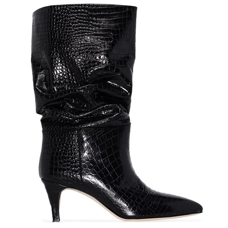 Women Fold Over Boots Pointed Toe Handmade Female Fashion Mid-Calf Boots Snake Microfiber High Boots Party Shoes