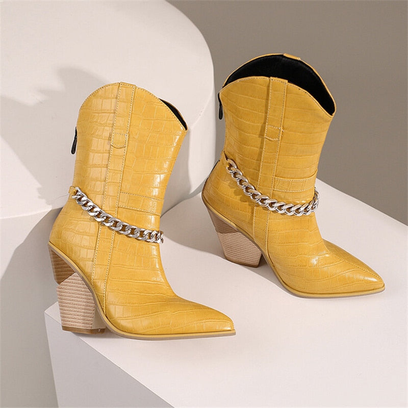 Autumn Winter Sexy Metal Chain Super High Heel Pointed Toe Ladies Short Boots