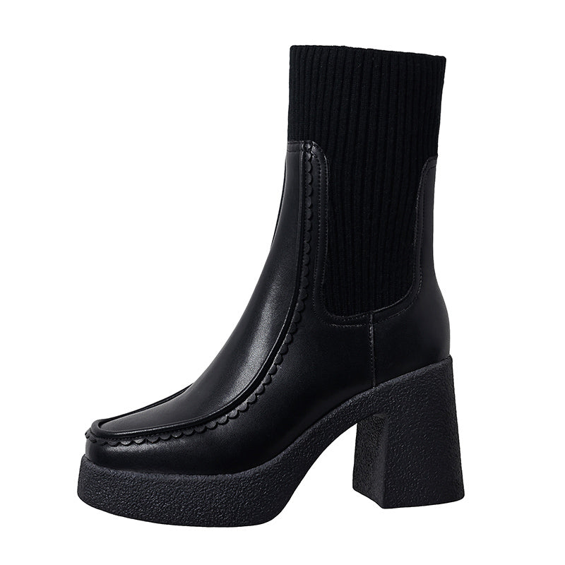 New Brand Genuine Leather Women's Shoes Chunky High Heels Platform