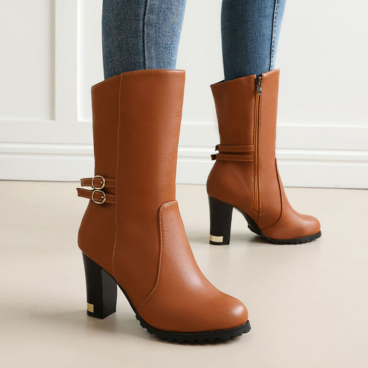 Fashion High-Heeled Mid-Calf Boots for Women