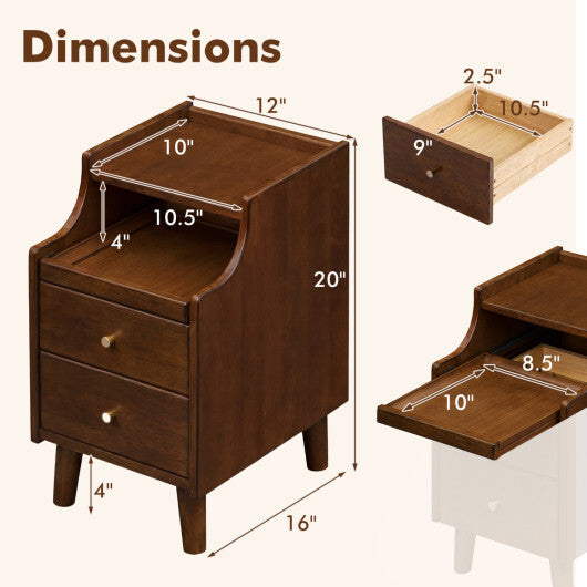 Wood Nightstand Set of 2 with Drawers and Solid Wood Legs-Brown