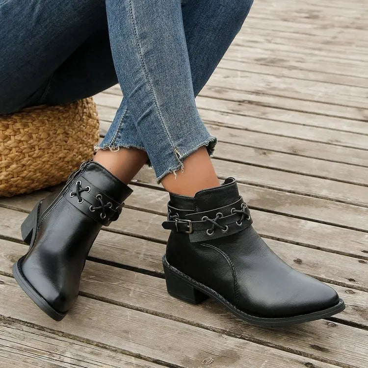 Women Ankle Boots Autumn Winter New Pu Leather Short Boots Woman Side Zipper Thick Heeled Rivet Leather Boots Pus Size