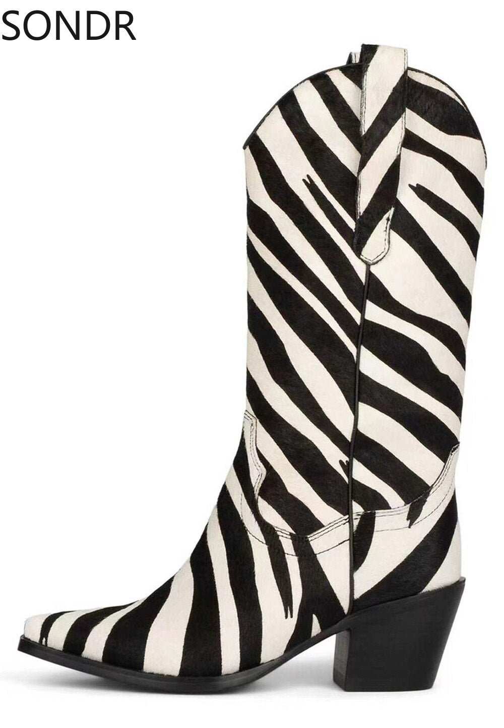 Women Pointed Toe Real Horse Fur Mid Calf Boots Chunky Heel Shoes Genuine