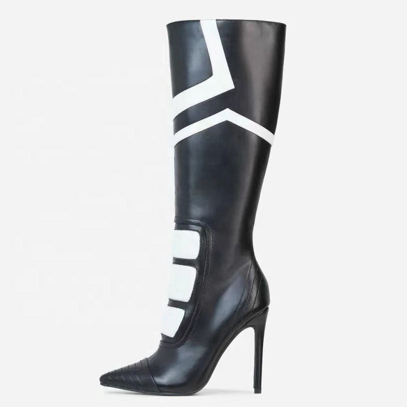 Black and white color scheme, simple and fashionable long boots for women's shoes