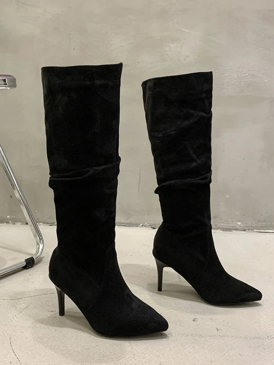 Pleated Pull-On High Heel Boots