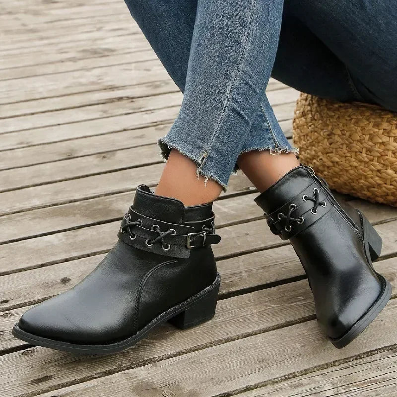 Women Ankle Boots Autumn Winter New Pu Leather Short Boots Woman Side Zipper Thick Heeled Rivet Leather Boots Pus Size