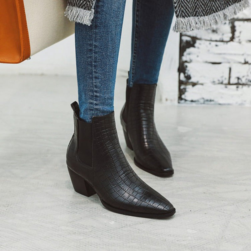 Red Crocodile Leather Anle Boots Winter Women's Pointed Toe Block Heel Short Elastic Boots Western Brand Shoes Botas Mujer