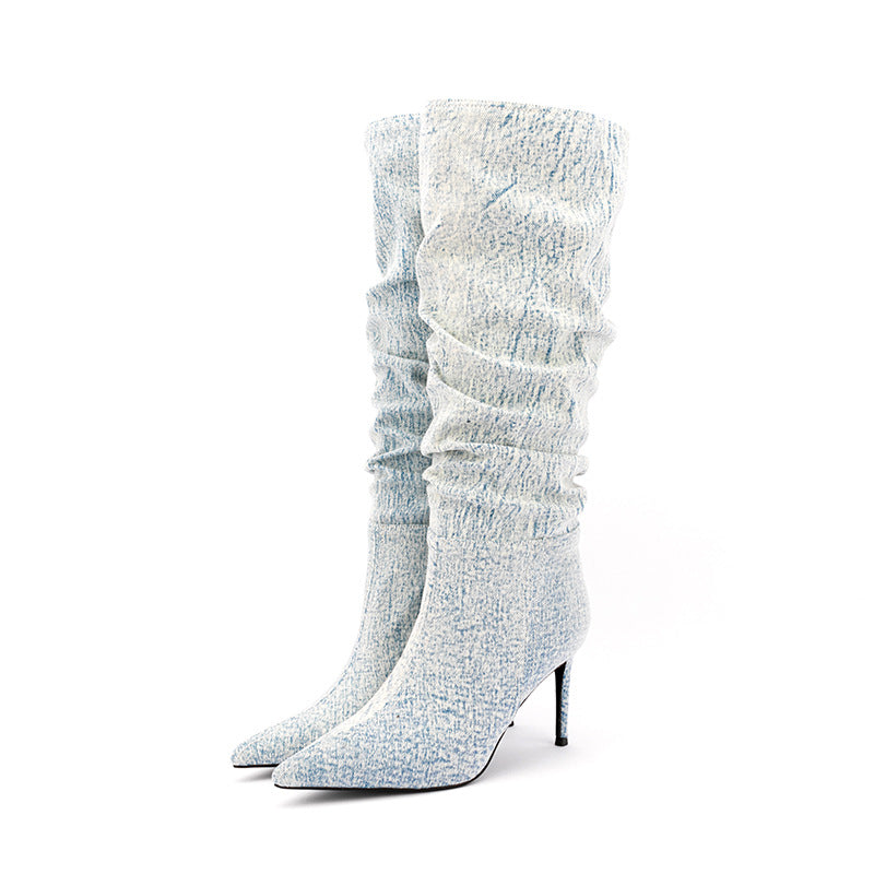 Women Ethnic Denim Jeans Mid Calf Boots Stilettos High Heel Shoes