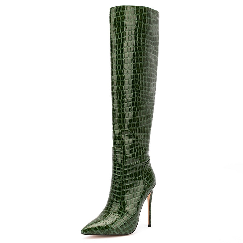 Fashion Sexy Knee Leather Boots Snake Pattern Pointed Toe Stiletto Women's High Boots