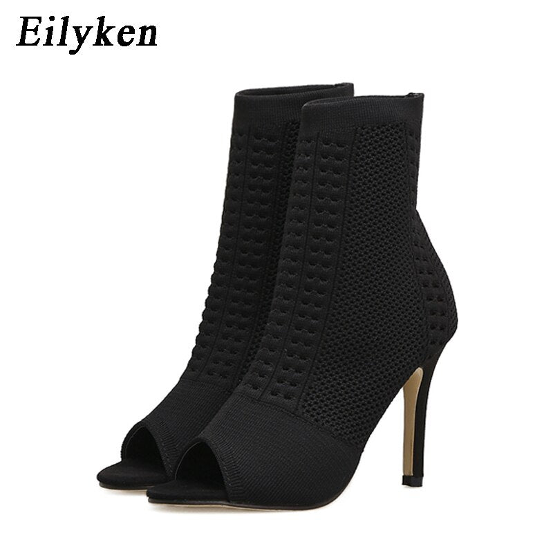 Womens Boots Green Elastic Knit Sock Boots Ladies Open Toe High Heels Fashion Kardashian Ankle Boots Women Pumps