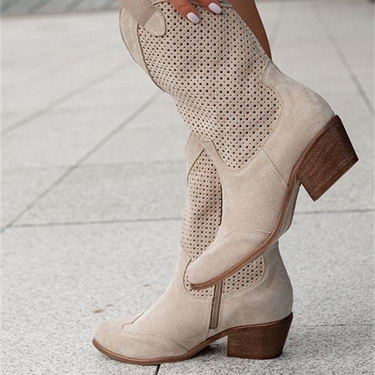 Mid heeled burnt suede low cut women's boots
