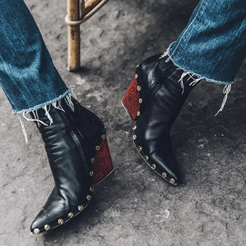 White Black Pointed Square Root Women's Ankle Boots Trend New Fashion Women's Ankle Boots Comfortable Non-Slip