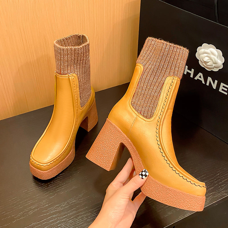 New Brand Genuine Leather Women's Shoes Chunky High Heels Platform