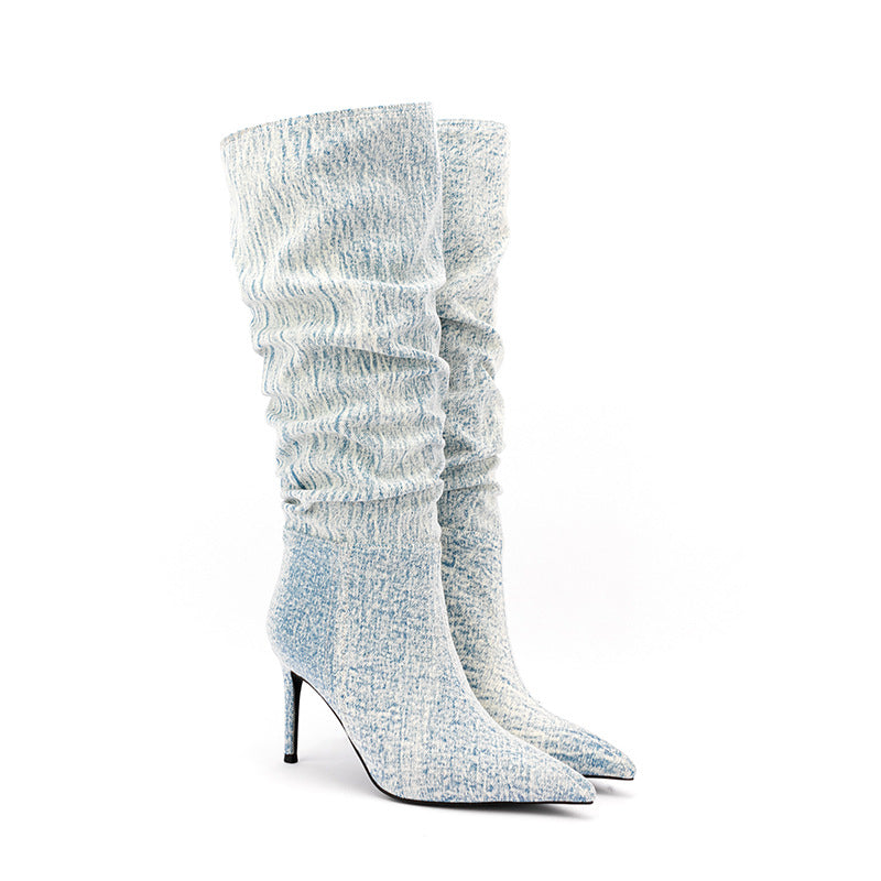 Women Ethnic Denim Jeans Mid Calf Boots Stilettos High Heel Shoes