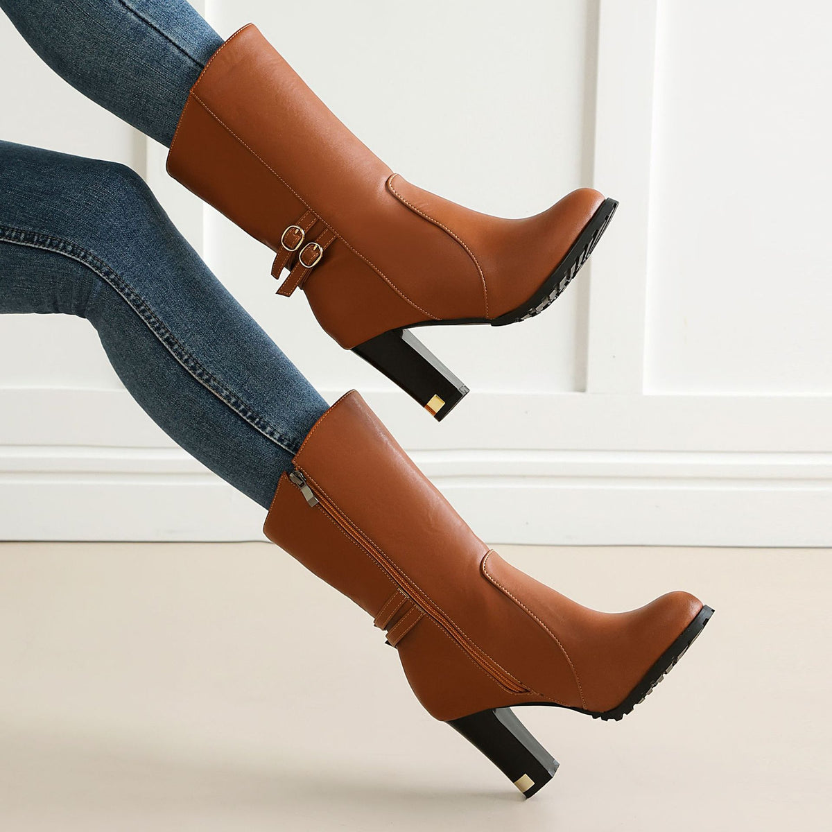 Fashion High-Heeled Mid-Calf Boots for Women