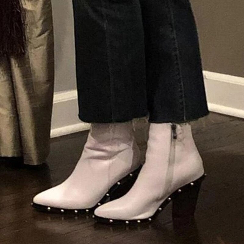 White Black Pointed Square Root Women's Ankle Boots Trend New Fashion Women's Ankle Boots Comfortable Non-Slip