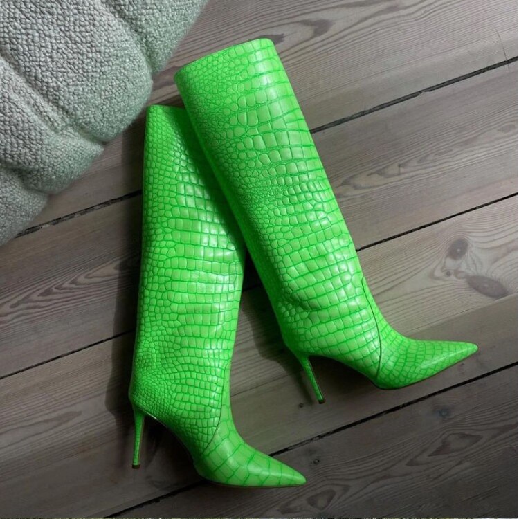 New Women Pointed Toe Crocodile Pattern Knee Thigh Boots Stilettos High Heel