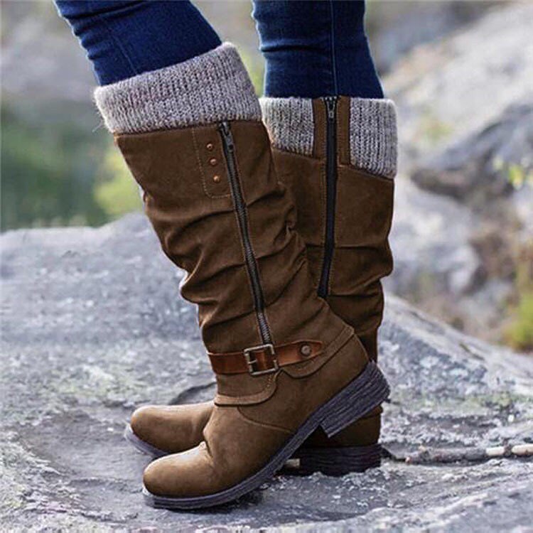 Thick heel side zipper yarn splicing women's boots