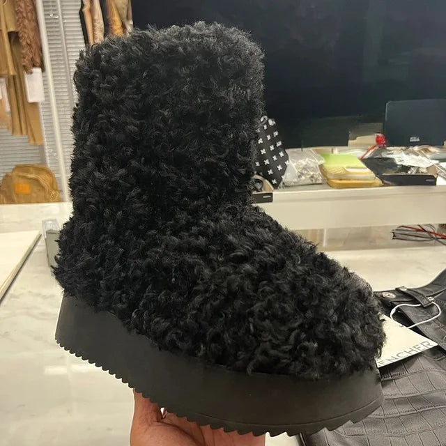 Leather Fur Integrated Thick Sole Plush Short Tube Snow Boots for Women's Winter Plush Teddy Curly Fur Medium Tube Cotton Boots