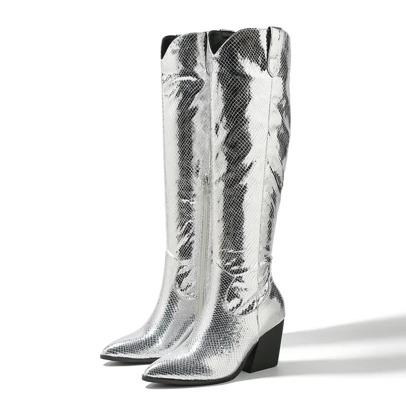 Cowgirl Women Knee-High Boots Fashion Zipper Pointed Toe Chunky Low Square Heels