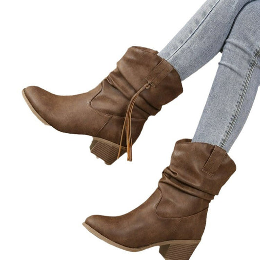 Middle heel boots with pleats middle tube stacked boots with tassels