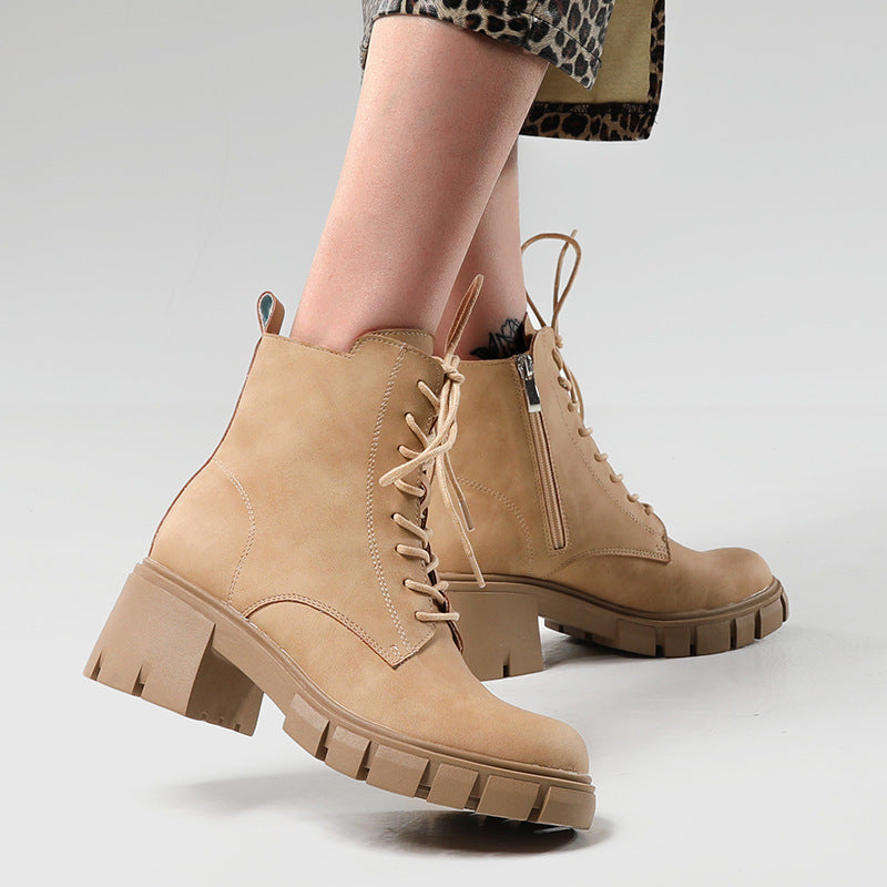 Short Boots Autumn And Winter New Style Thick High Heel Round Head Strap Martin Boots Soft Leather Large Boots