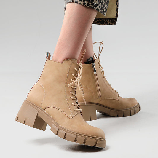 Short Boots Autumn And Winter New Style Thick High Heel Round Head Strap Martin Boots Soft Leather Large Boots