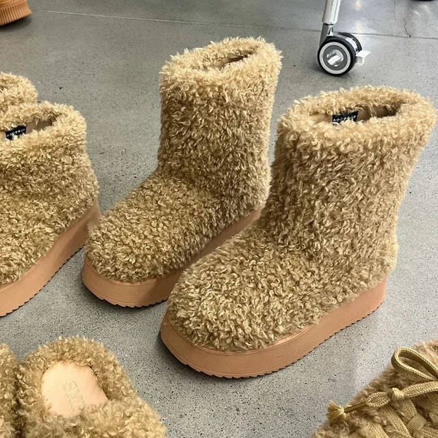 Leather Fur Integrated Thick Sole Plush Short Tube Snow Boots for Women's Winter Plush Teddy Curly Fur Medium Tube Cotton Boots