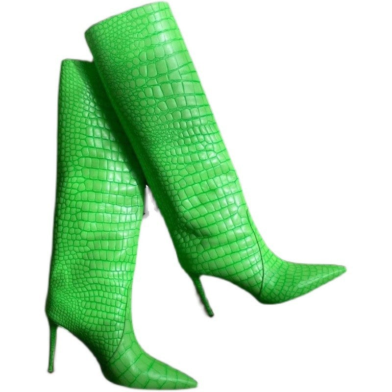 New Women Pointed Toe Crocodile Pattern Knee Thigh Boots Stilettos High Heel