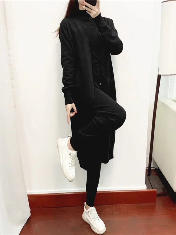 3 Piece Sets Womens Outifits Autumn Casual Solid Knit Suit Cardigan Vest Pants Sets Matching Sets Korean Fashion Womens Clothing