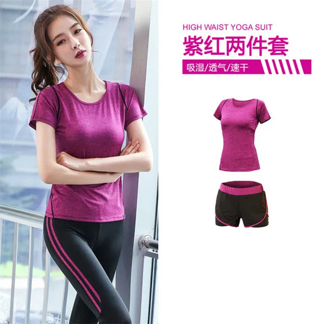 5 pieces sets coat+t shirt+bra+shorts+leggings women yoga clothing quick dry outdoor sports running fitness gym ropa deportiva